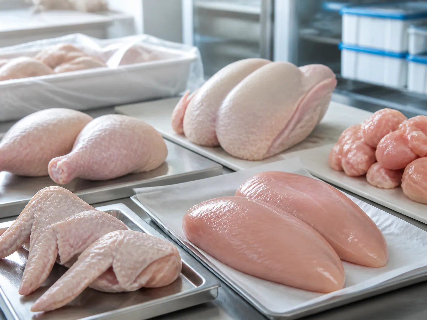 Frozen poultry cuts prepared for commercial distribution