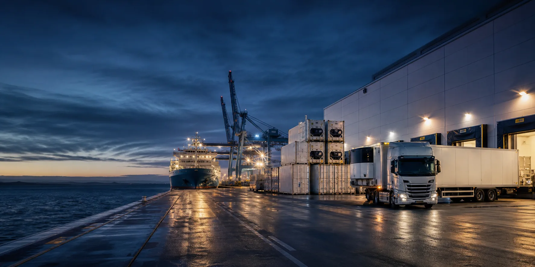 Refrigerated trucks, containers, and a cargo ship at an international terminal