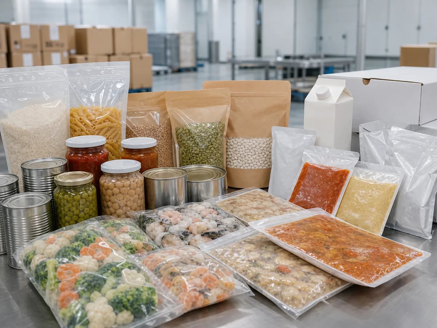 批发设施中摆放的常温包装食品