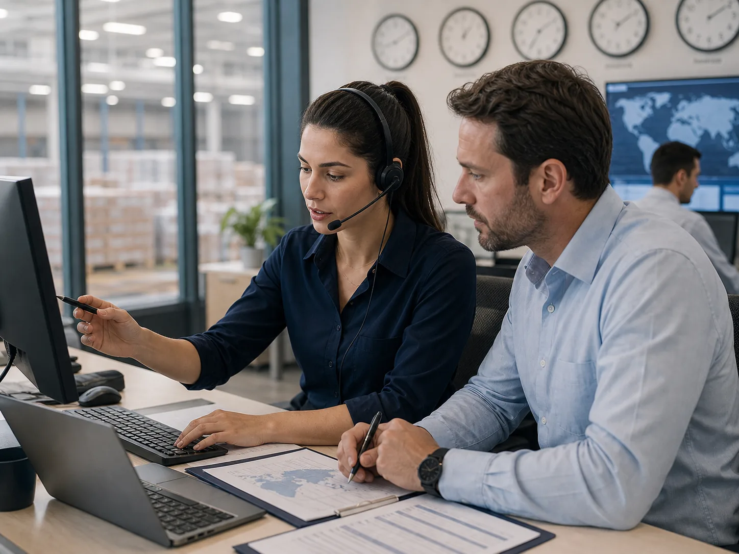 Customer service team reviewing an international shipment in an operations office