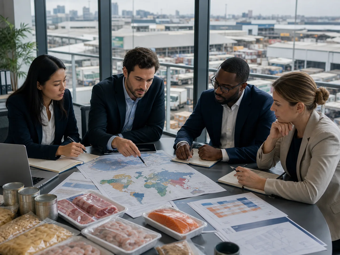 Commercial team studying international food markets and product samples