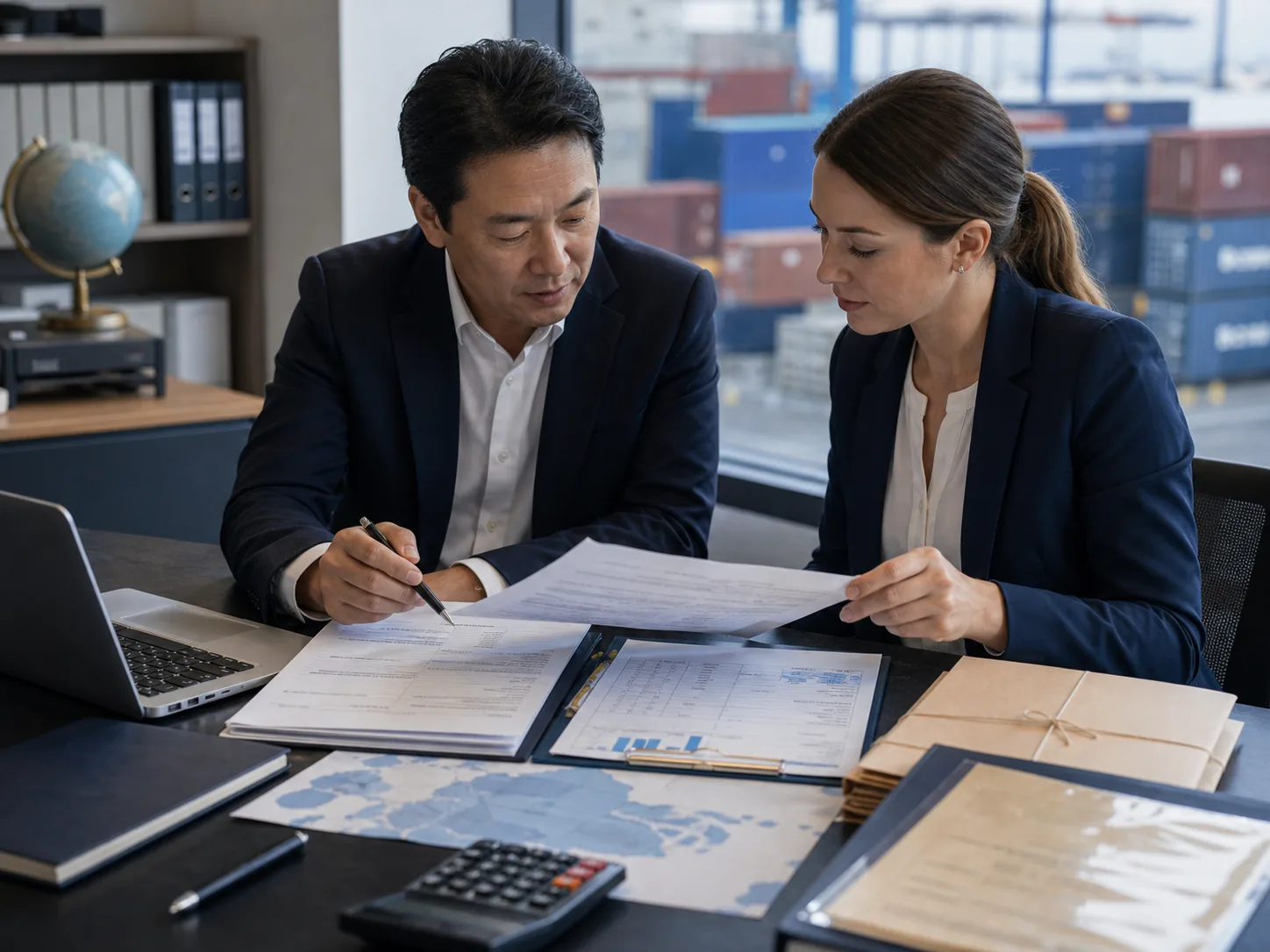 Trade professionals reviewing commercial documents beside a logistics hub